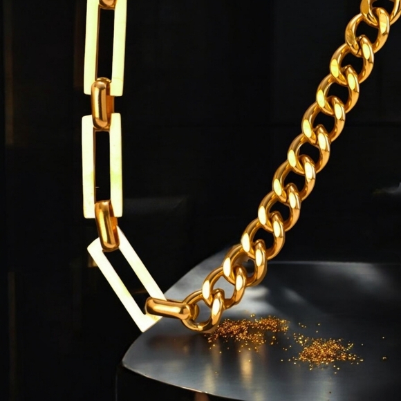 🆕️18K Gold Plated Cuban Chain Necklace + FREE Stainless Steel Earrings! Trendy - Picture 5 of 13